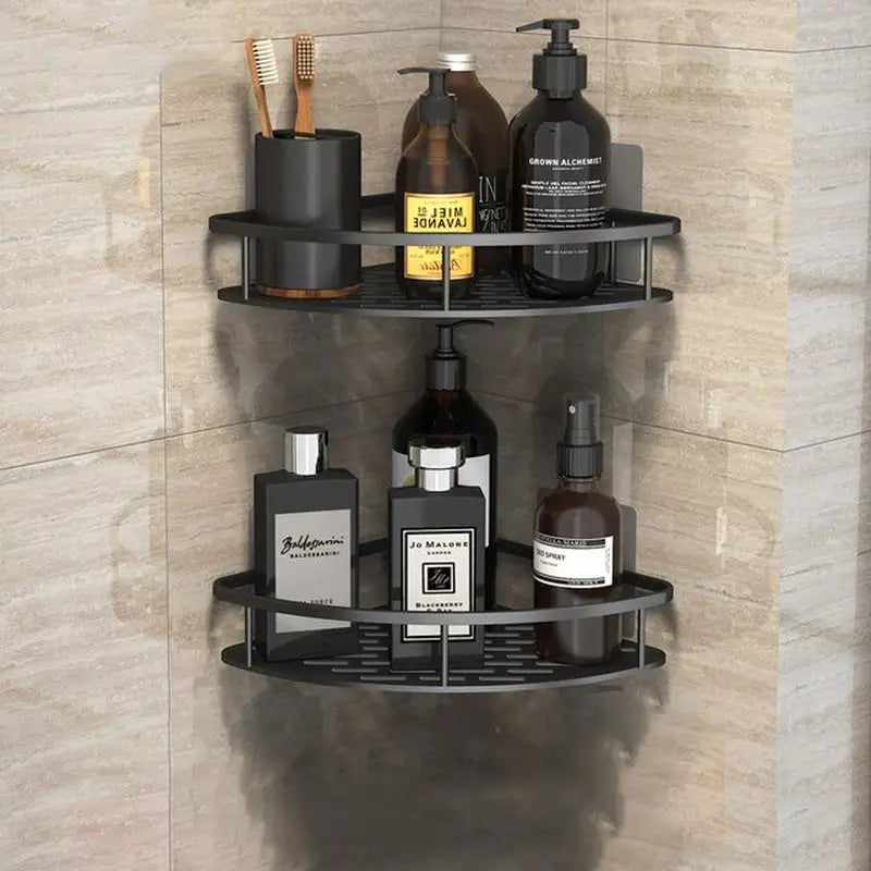 a black bathroom shelf with a lot of soaps and lot of sham sham