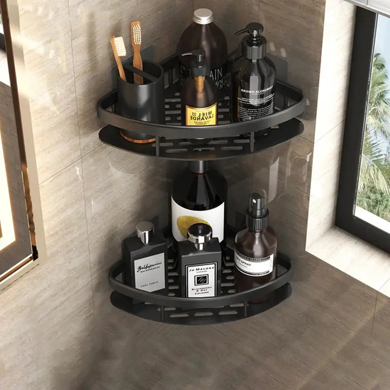 a bathroom shelf with a lot of bottles and bottles