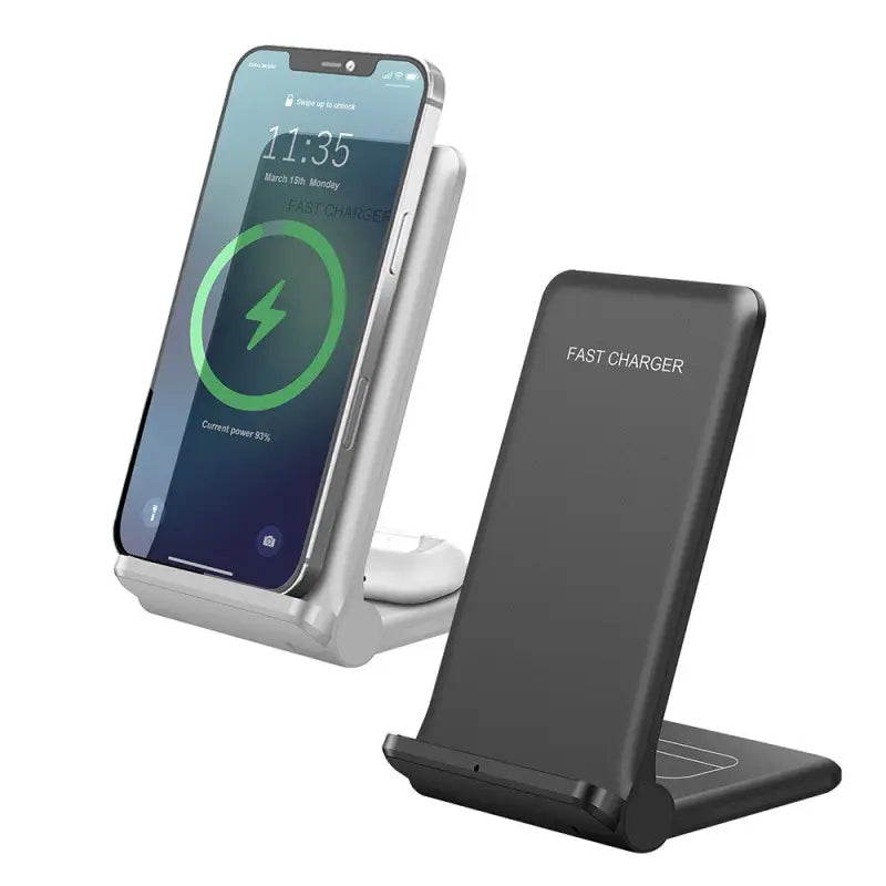 a close up of a cell phone on a stand with a charger