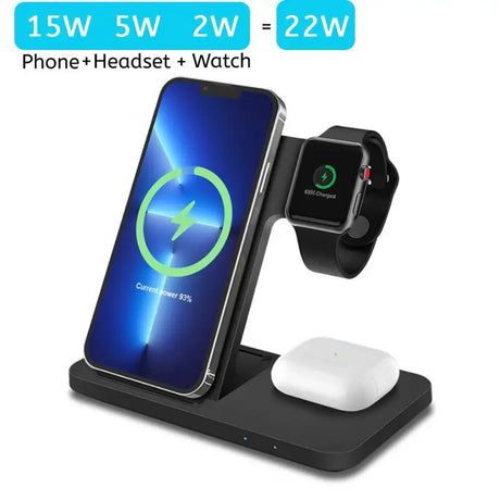 an image of a wireless charging station with a phone and an apple watch