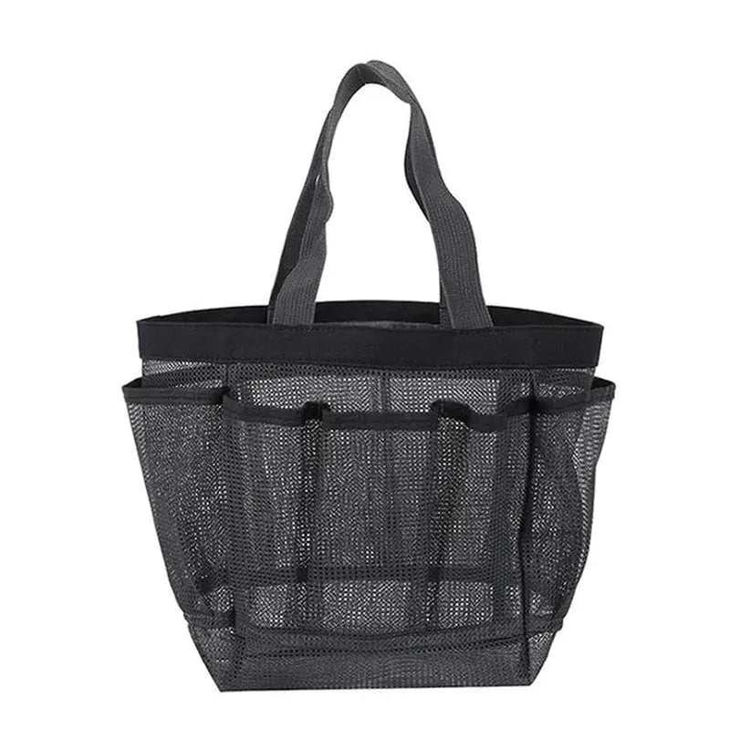 the mesh tote bag is a black mesh bag with a zipper closure