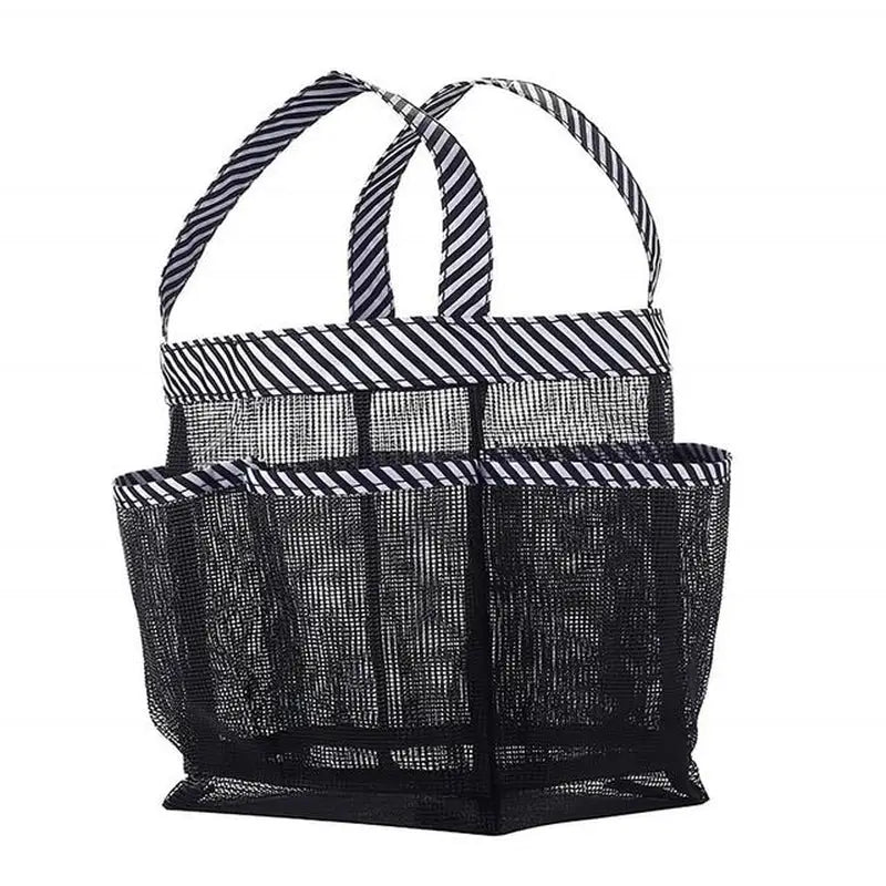 the mesh tote bag is black and white stripes