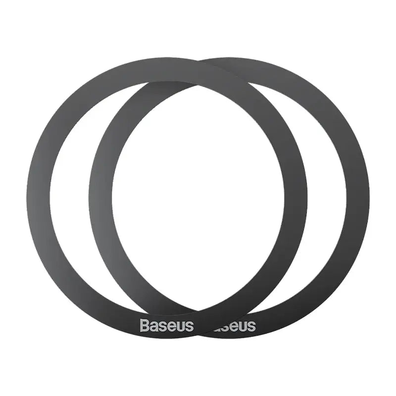a pair of black circular rings with the word’baus’in white