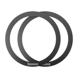 a pair of black circular rings with the word’baus’in white