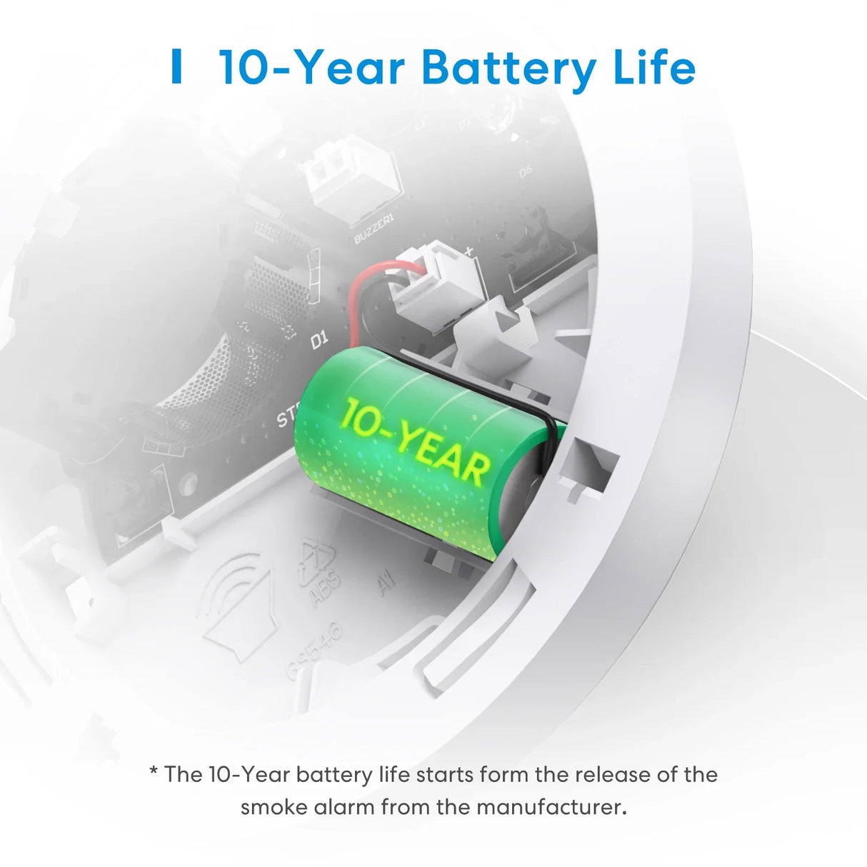 a battery with the words 10 year battery life