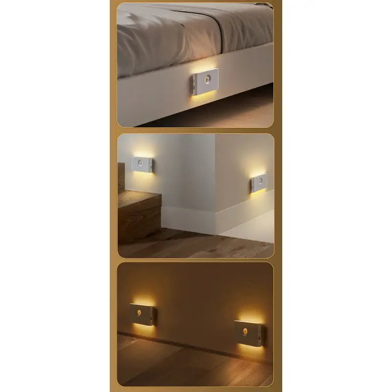 A bed with a light on it and a night light on the side