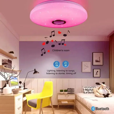 A bedroom with a bed and a ceiling light