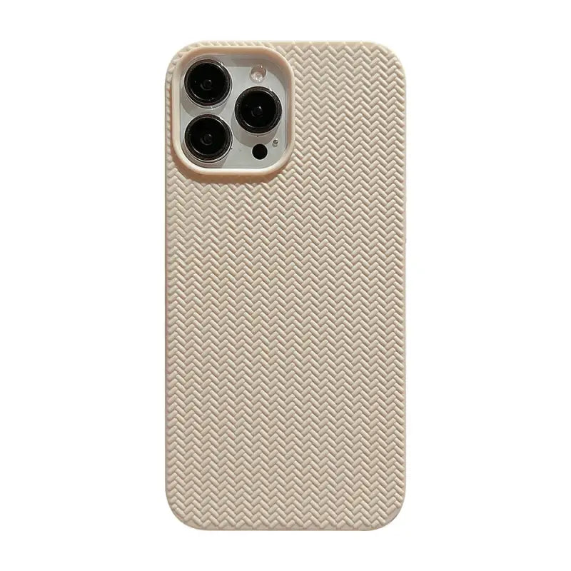 the back of a beige iphone case with a white che pattern