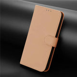 Beige leather wallet-style phone case with a magnetic clasp.