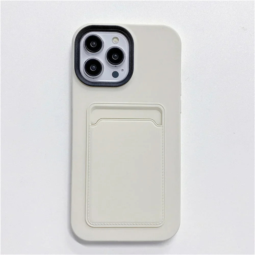 Beige phone case with card holder.