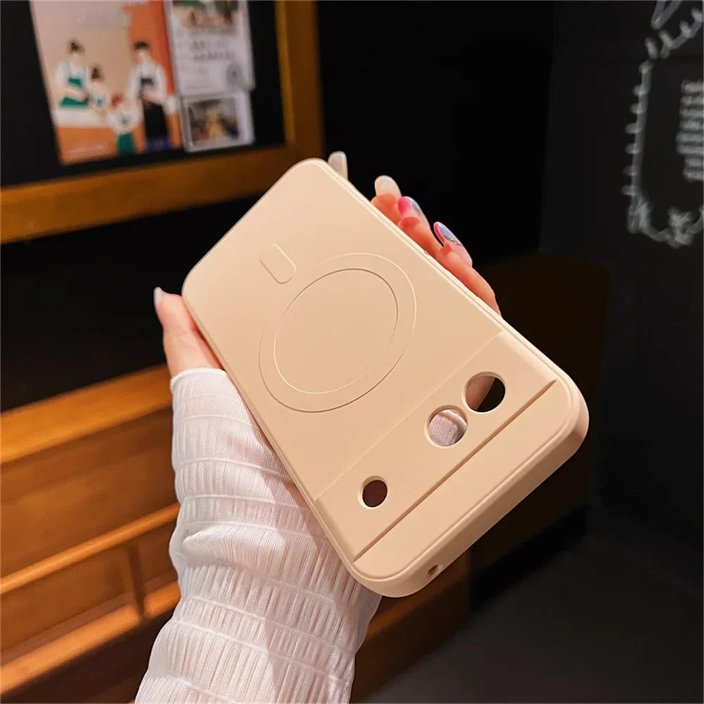 Beige phone case with a simple cartoon face design.