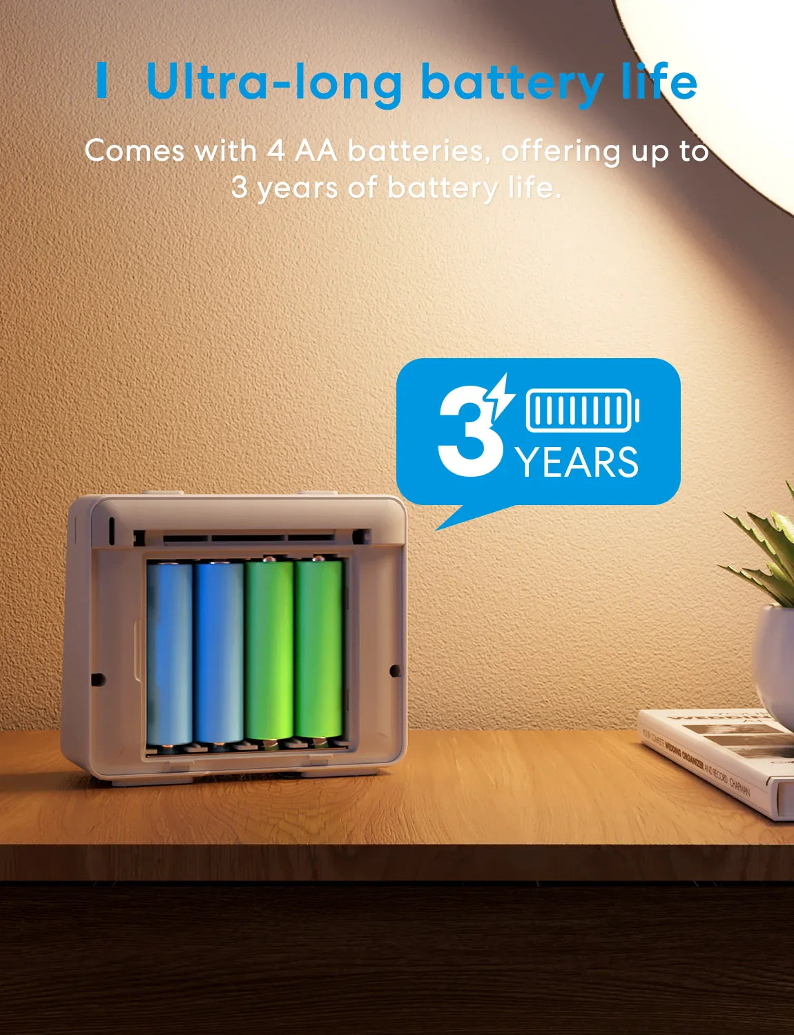 Beige plastic battery charger holding four aa batteries in blue green and cyan hues for meross smart sensor