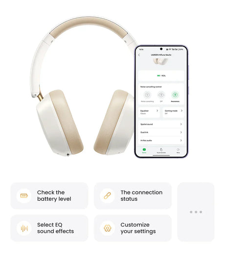 Beige and white wireless headphones with smartphone app interface.