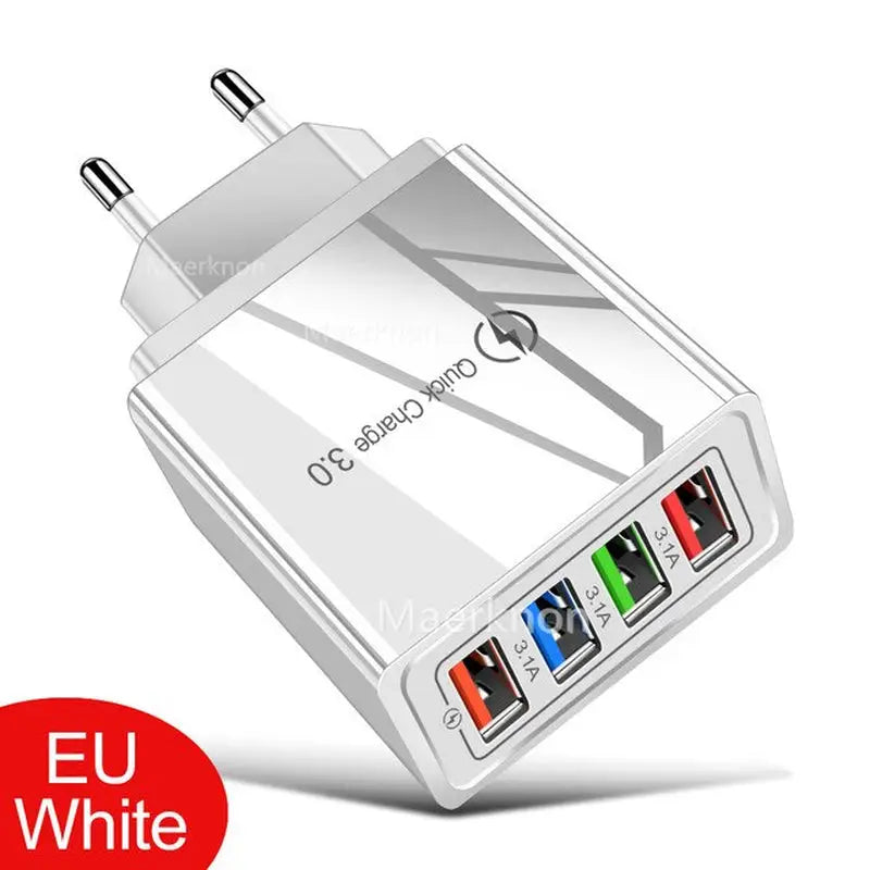 a white usb charger with four different ports and a red button
