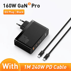 Black 160W GaN Pro charger with EU plug and included 240W PD cable.