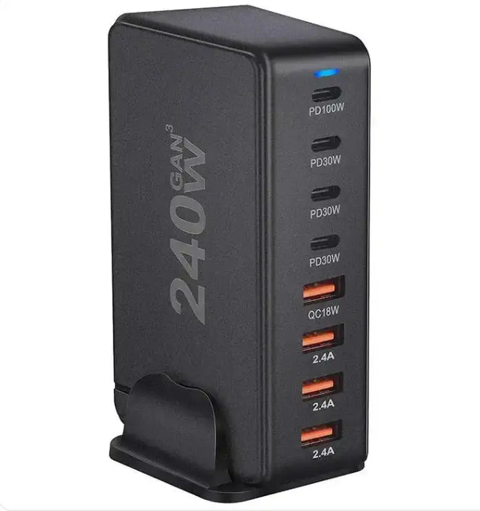 Black 240w usb-c wall charger with multiple ports including pd100w, pd30w, and qc18w outputs.