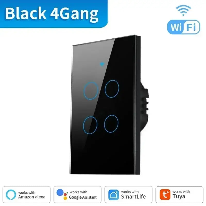 a black 4 gange light switch with blue buttons and a wifi button