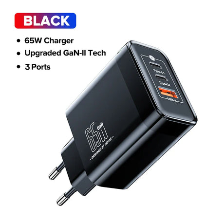 Black 65W charger with three ports featuring upgraded GaN-II technology.