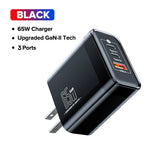 Black 65W USB charger with three ports and GaN-II technology.