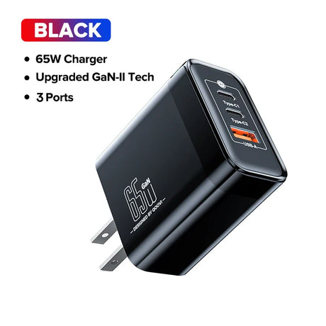 Black 65W USB charger with three ports and GaN-II technology.