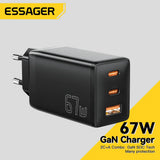 Black 67W GaN charger with three ports, featuring two USB-C and one USB-A connection.
