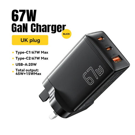 Black 67W GaN charger with UK plug and multiple USB ports.