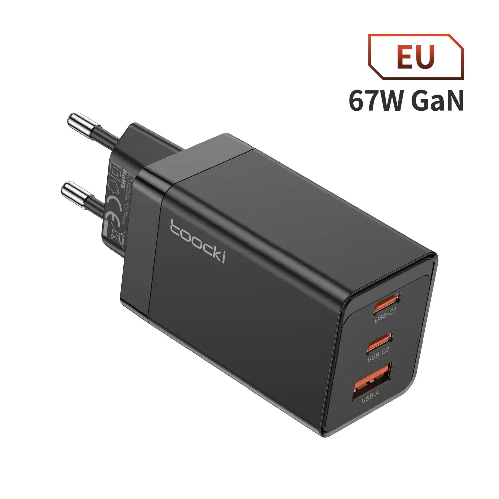 Black 67W GaN USB charger with three ports for EU outlets.