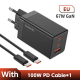 Black 67W GaN USB charger with three ports and an included 100W PD cable.