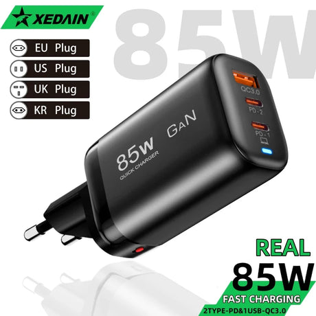 Black 85W GaN quick charger with multiple USB ports and interchangeable plugs for different regions.