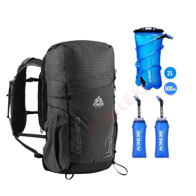 a black backpack with a water bottle and a blue hydrant