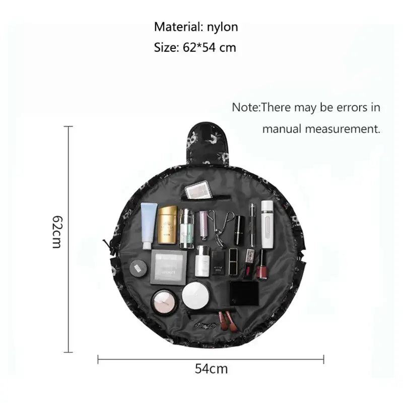 a black bag with makeup and cosmetics items inside