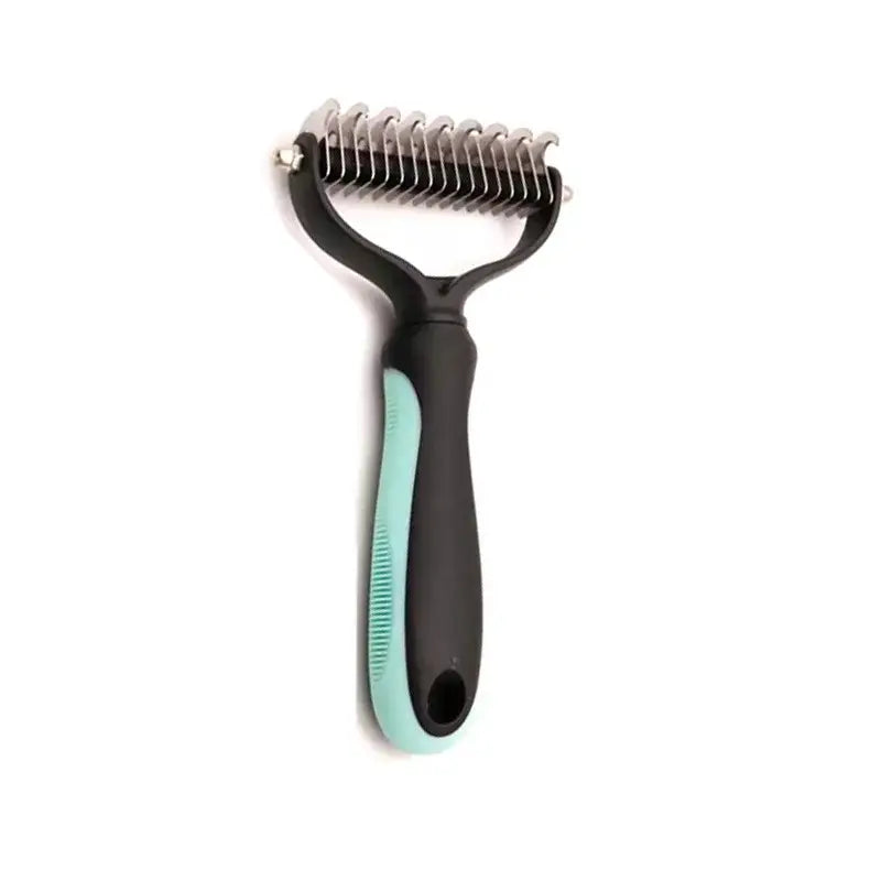 a black and blue hair brush with a white background