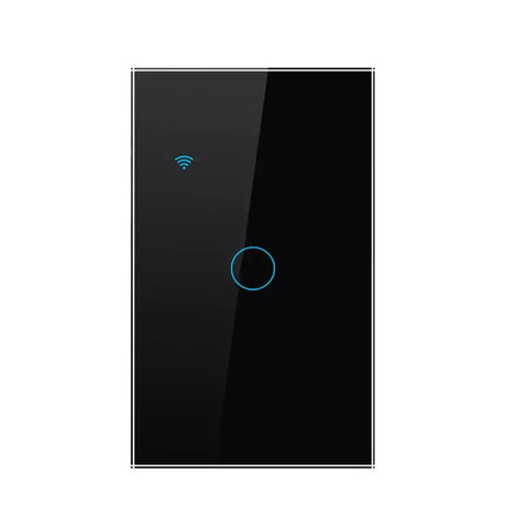 A black and blue light switch with a button on it