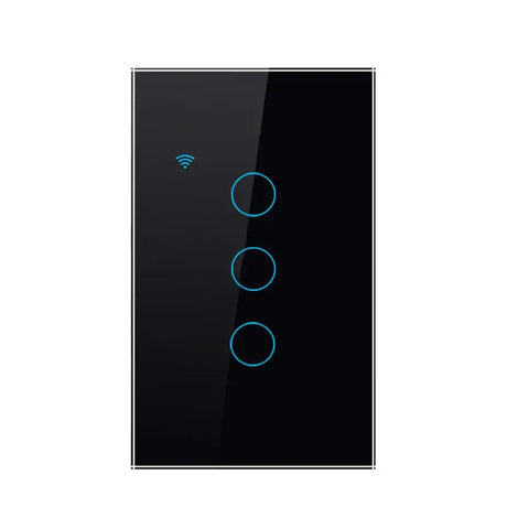 A black and blue light switch with three buttons