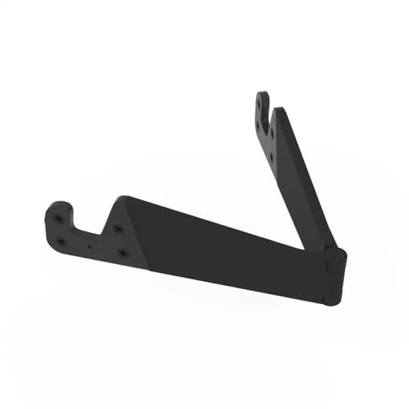 a close up of a black metal shelf bracket on a white background