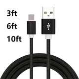 a black braided usb cable with a white lightning logo