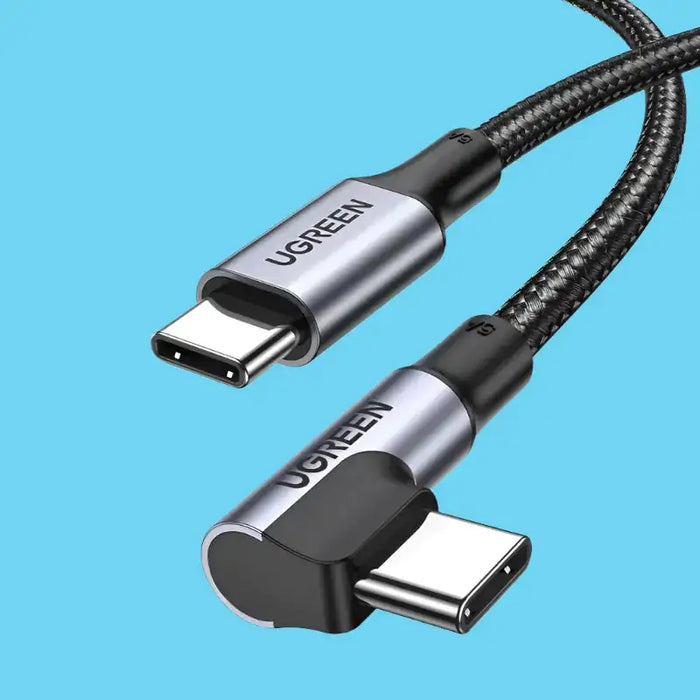 Black braided usb-c to usb-c cable with a 90-degree angled connector, featuring silver metallic ends and the ugreen brand name printed on them.