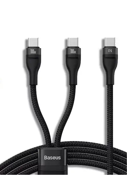 Black braided USB-C cable with three connectors branching from a single base.