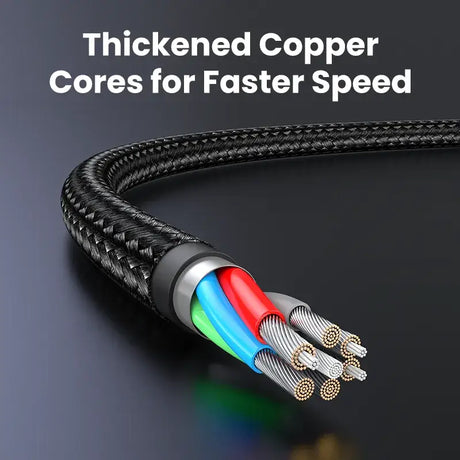 A black cable with a rainbow colored led