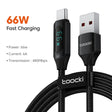 A black cable with the text fast charging