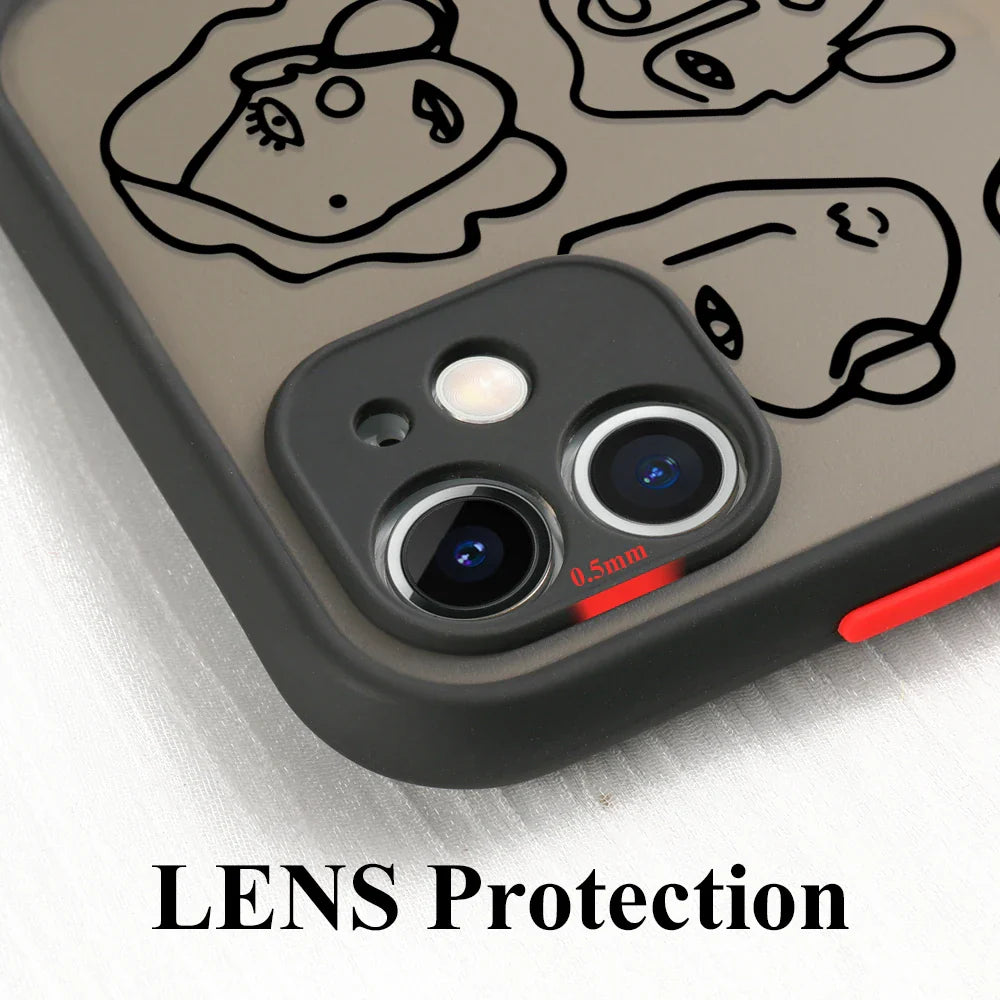 Back side of a black 0.5mm thick line art phone case with cartoon faces camera lens protector for samsung galaxy s series