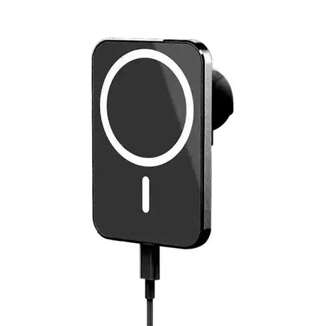 a black car charger with a white circle on the side