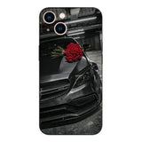 a black car with a red rose on the hood of a car phone case