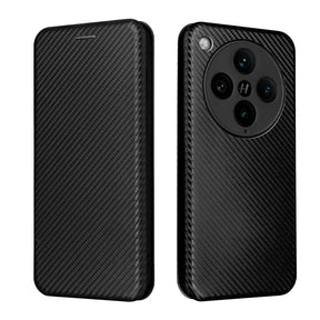 A black carbon fiber flip case for a smartphone, featuring a large circular cutout for a multi-lens camera system and a flash.