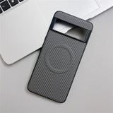 Black carbon fiber patterned phone case with a camera cutout and a visible MagSafe ring.