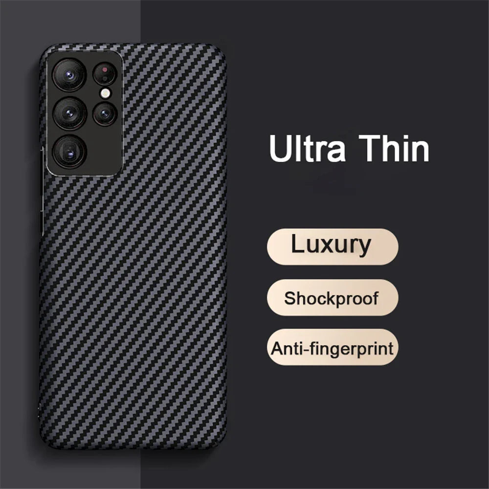 A black carbon fiber patterned phone case.