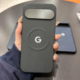 A black carbon fiber phone case with a camera cutout and a white Google ’G’ logo.