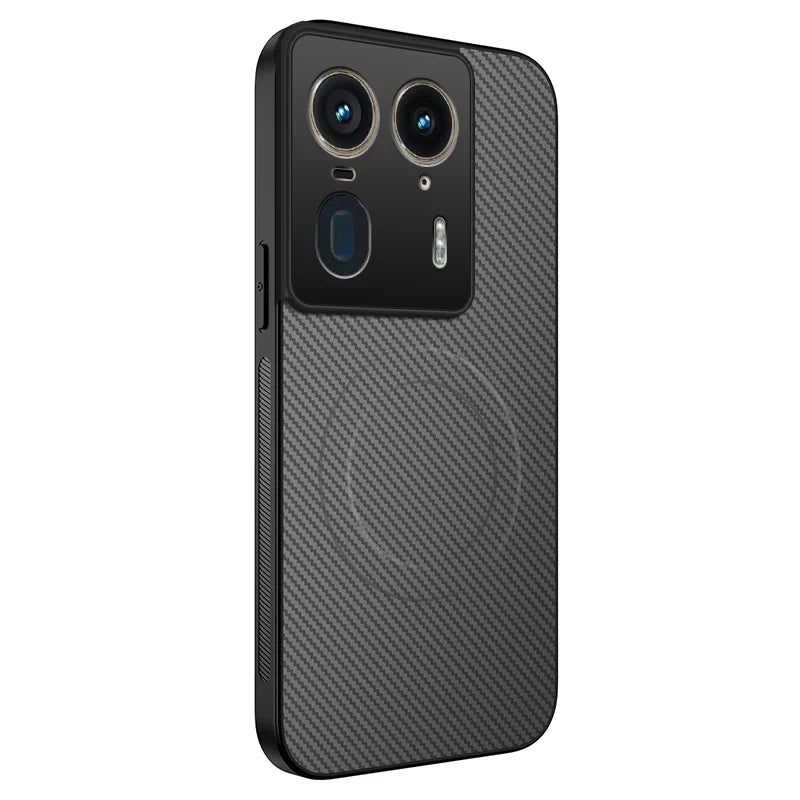 Black carbon fiber phone case with a large camera cutout.