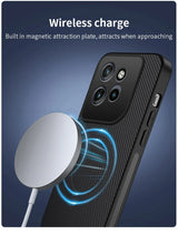 Back view of black carbon fiber magnetic case with wireless charging plate for motorola pro ultra g67 phones