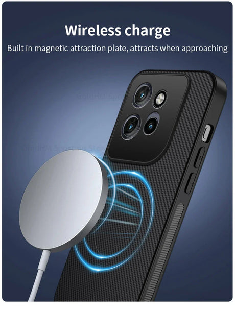Back view of black carbon fiber magnetic case with wireless charging plate for motorola pro ultra g67 phones